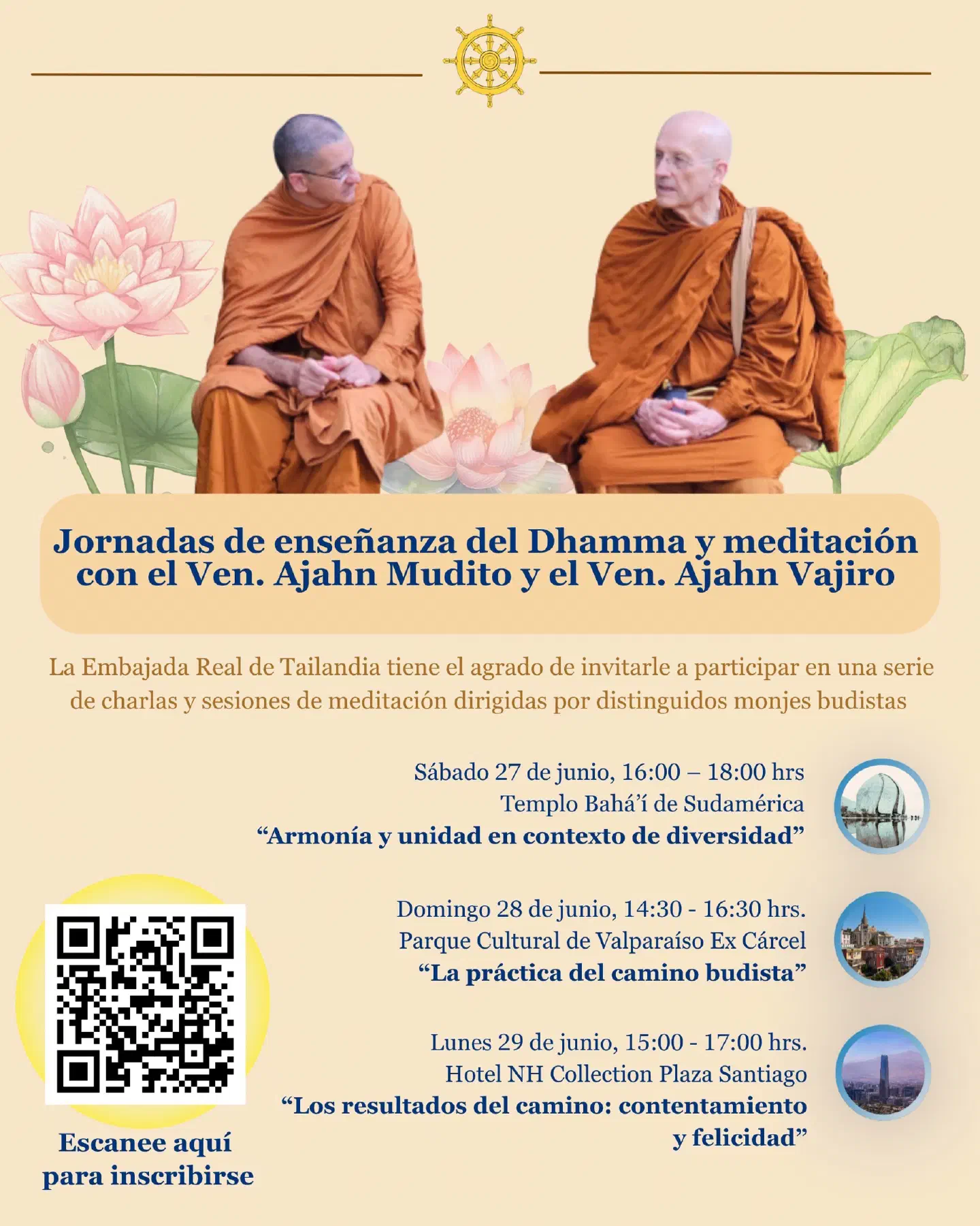 Afiche de las charlas con Ajahn Vajiro y Ajahn Mudito en Santiago y Valparaíso